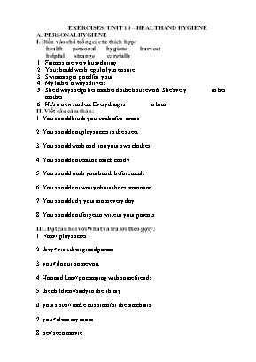 Bài tập Tiếng Anh Lớp 7 - Unit 10 Health and hygiene